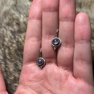 Vintage sterling silver amethyst cabochon drop earrings
